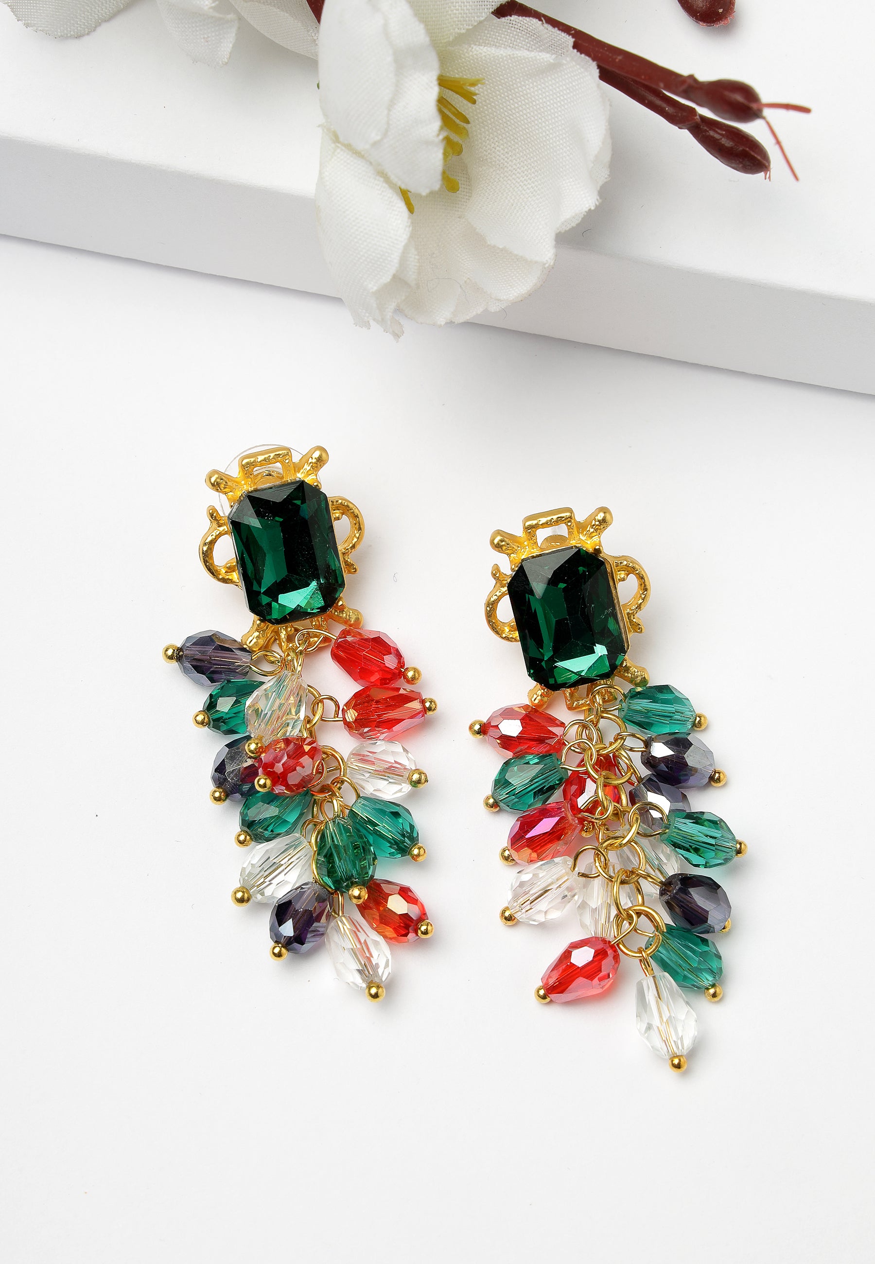 Multi-Coloured Leaf-Shaped Cluster Drop Earrings