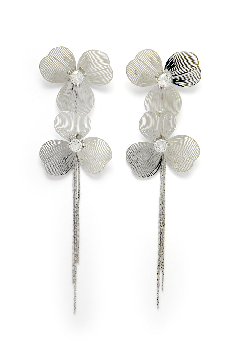 Boucles d'oreilles chaîne florale argentée