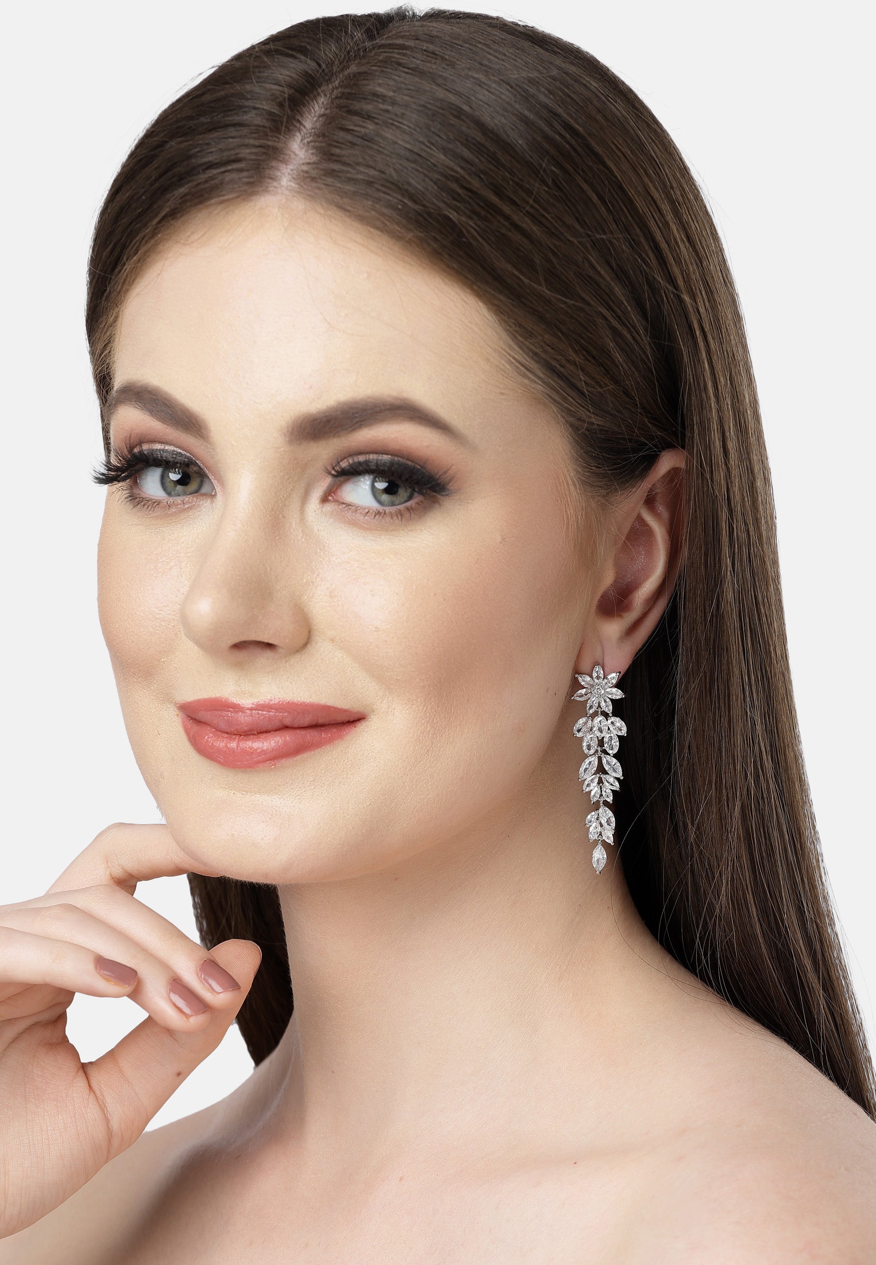 Long Floral Zirconia Dangle Earrings