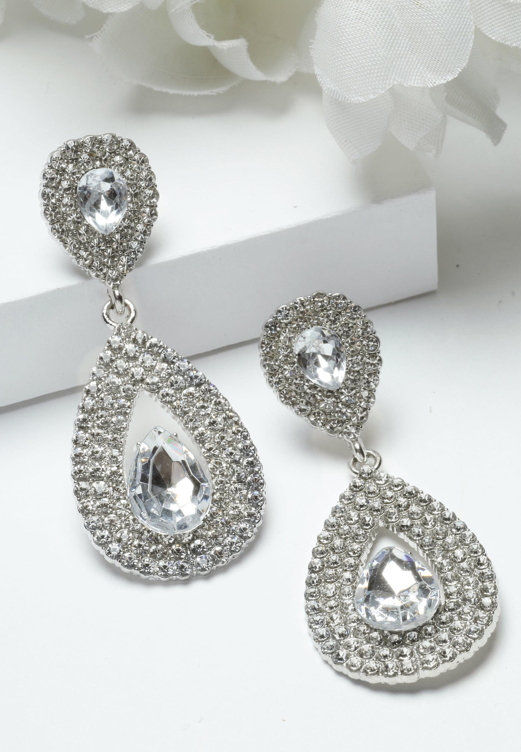 Silver-Colored Water Droplet Crystal Earrings