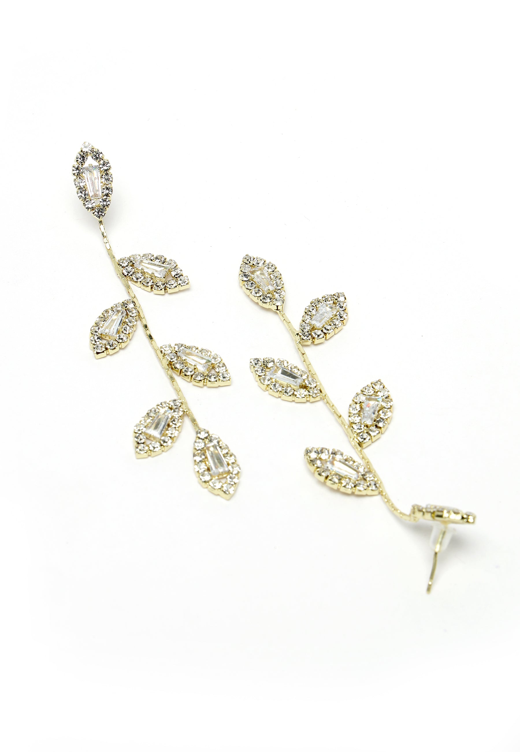 Gold-Colored Crystal Leaf Drop Earrings