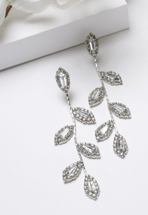 Silver-Colored Crystal Leaf Drop Earrings