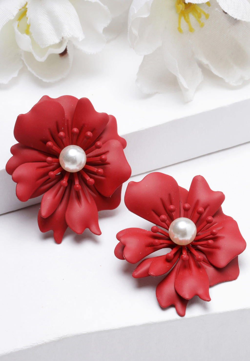 Floral Pearl Stud Earrings In Red