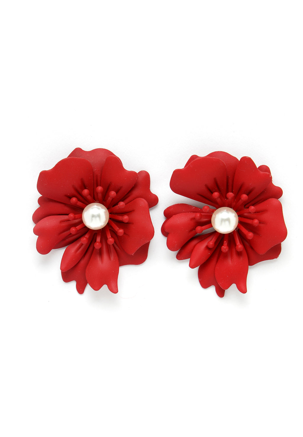 Floral Pearl Stud Earrings In Red